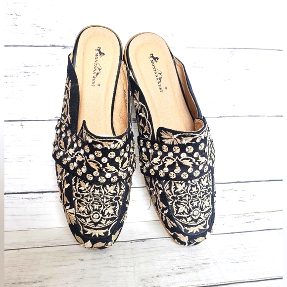Montana West Black & Ivory Cream Embroidered Rhinestone Mules Flats Shoes - Picture 7 of 16